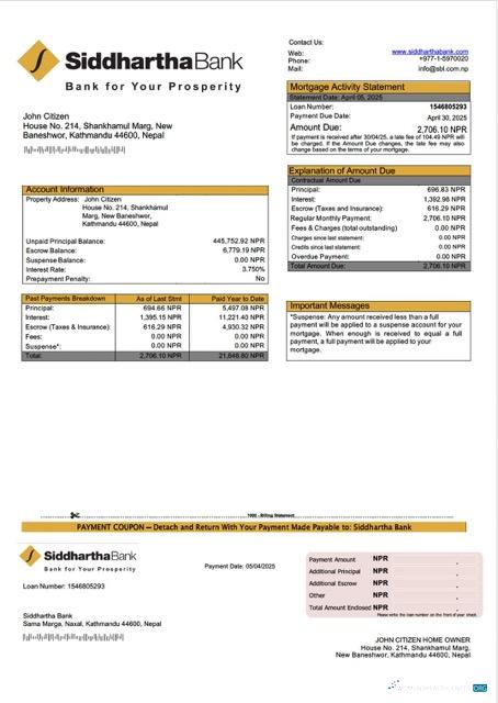 Download Nepal Siddhartha Bank mortgage statement Word and PDF template Photoshop template